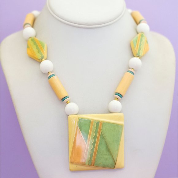 22 inch, Vintage Ceramic Geometric Squares Necklace - Q34 - Picture 2 of 3